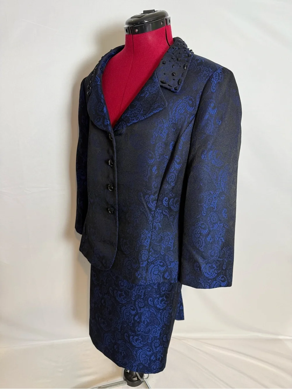 Tahari ASL Skirt Suit Size 16 Blue & Black Paisley 2-Piece Set Blazer & Skirt
